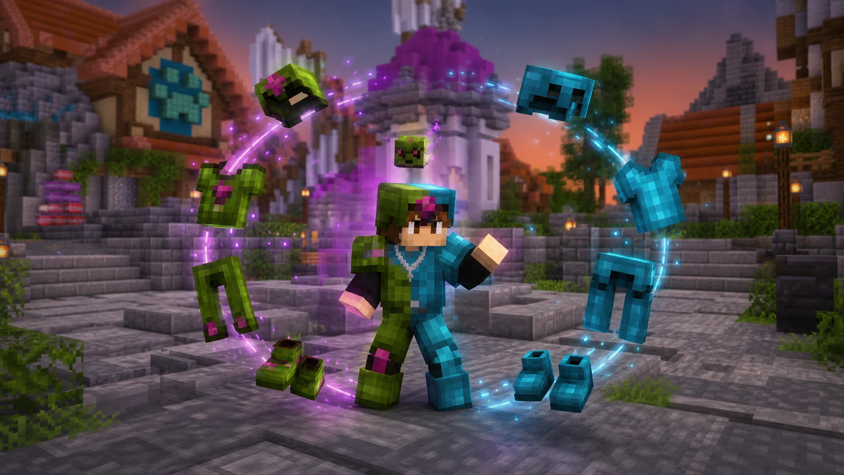 Minecraft-style player changing from green to cyan armor beside the purple fountain in the 2026 SkyBlock Hub