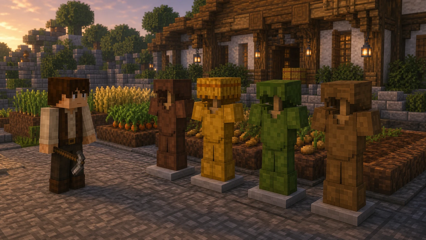 Minecraft-style farmer beside four armor stands showing the Farmhand, Haymaker, Sprout and Tater farming progression