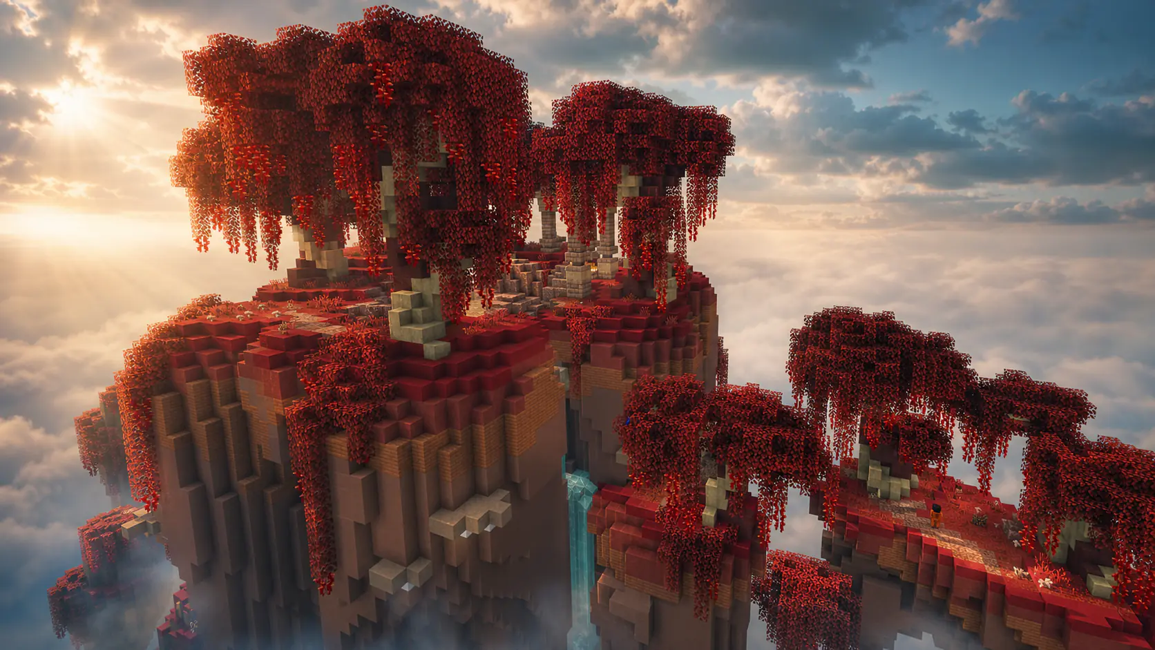 Aerial view of Torrhus Canyon's red forest islands and waterfalls