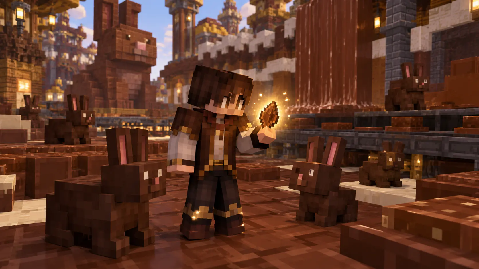 Minecraft-style player holding a glowing shard among chocolate rabbits in a Chocolate Factory scene