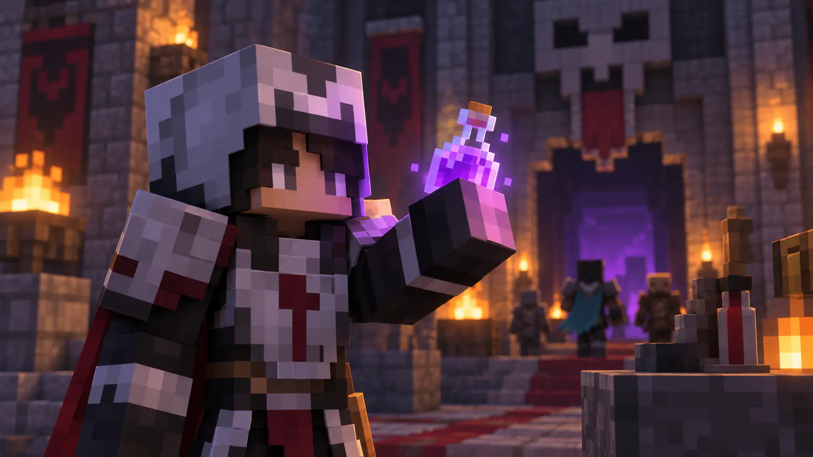 Armored Minecraft adventurer holding a purple potion before a torchlit dungeon entrance.