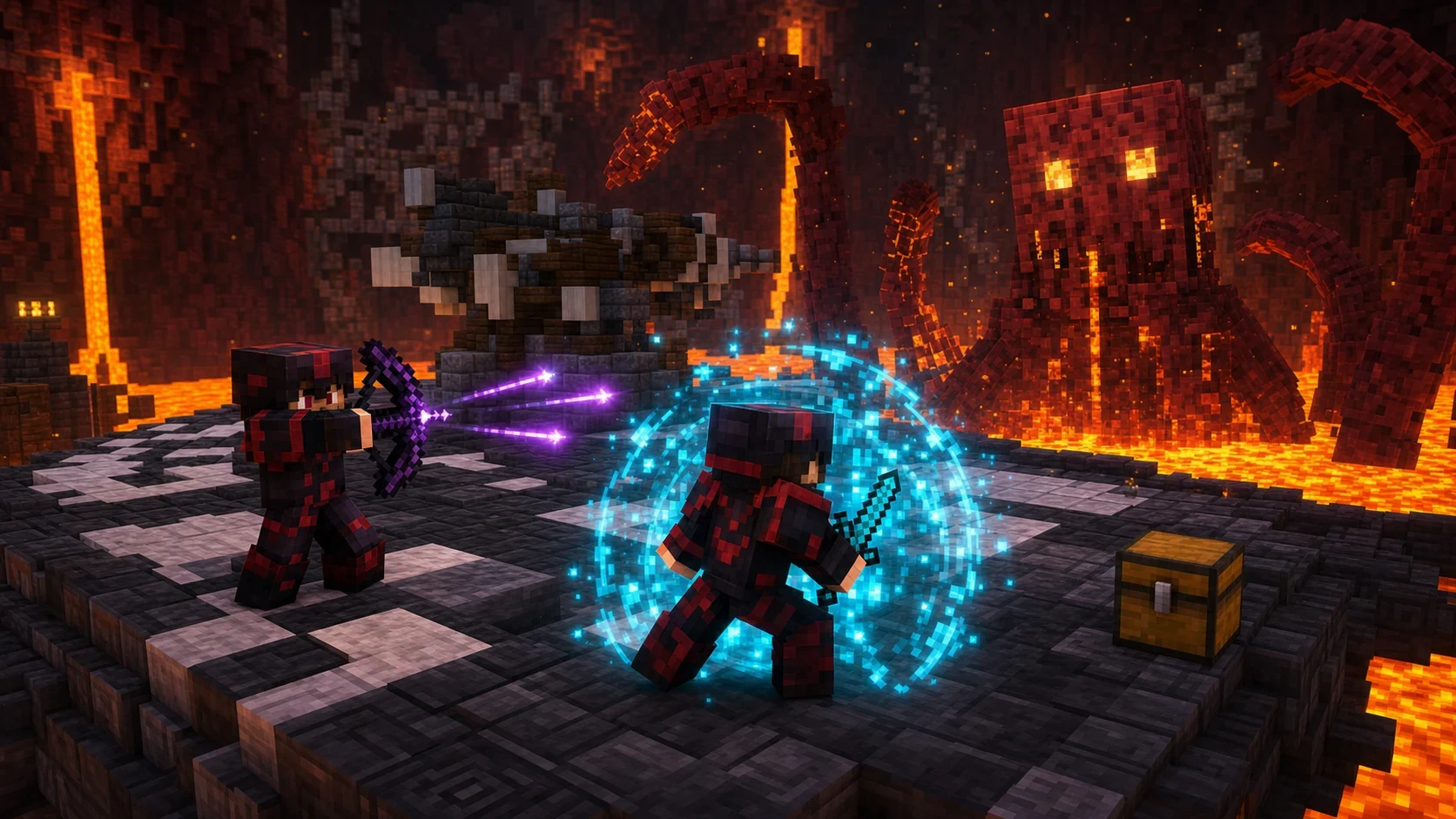 Minecraft-style players using Hyperion and Terminator against Kuudra on a lava-ringed combat platform