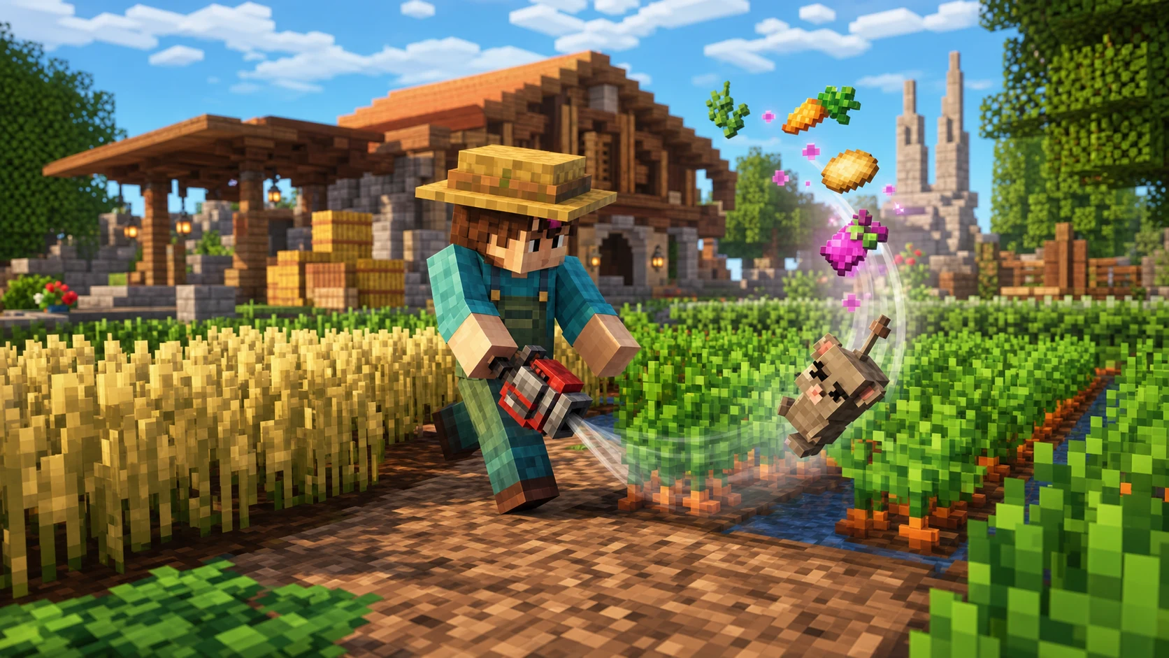 Minecraft-style farmer using a compact InfiniVacuum to pull a pest and rare crop drops from Garden crop rows