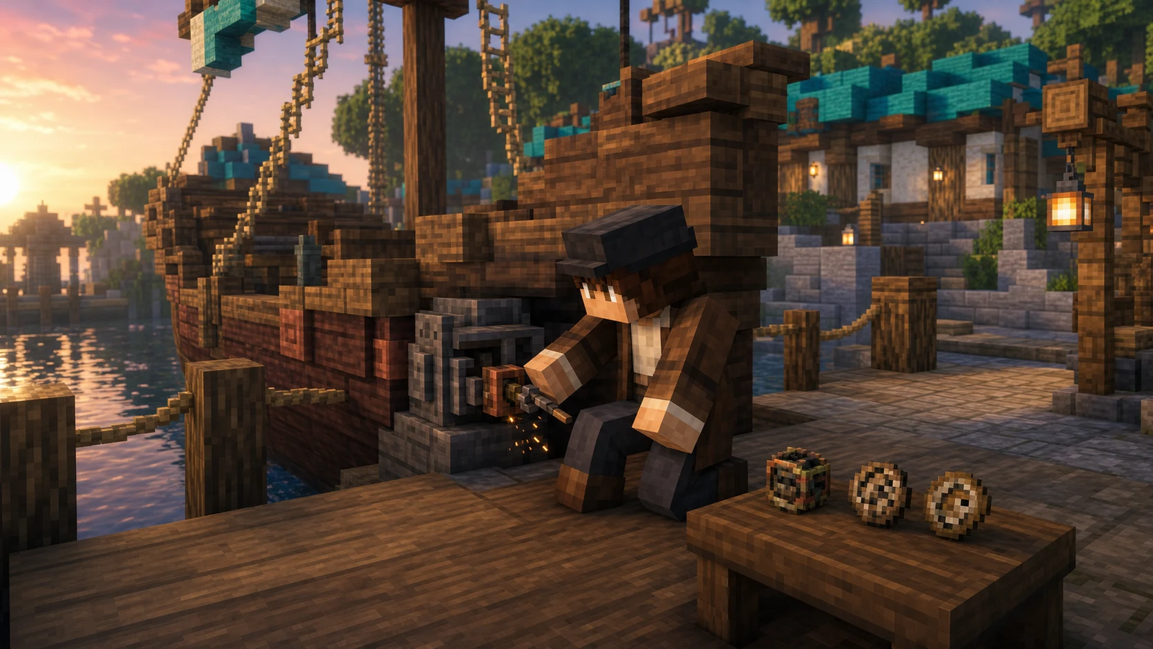 Minecraft-style mechanic installing a ship engine beside fishing equipment at the Fishing Outpost