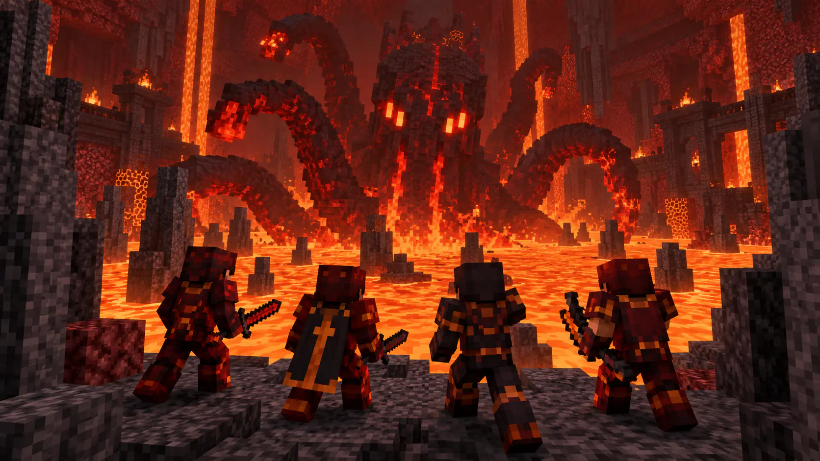 Four Minecraft-style players in red and black armor on a basalt ledge facing the tentacled boss Kuudra rising from a lava lake