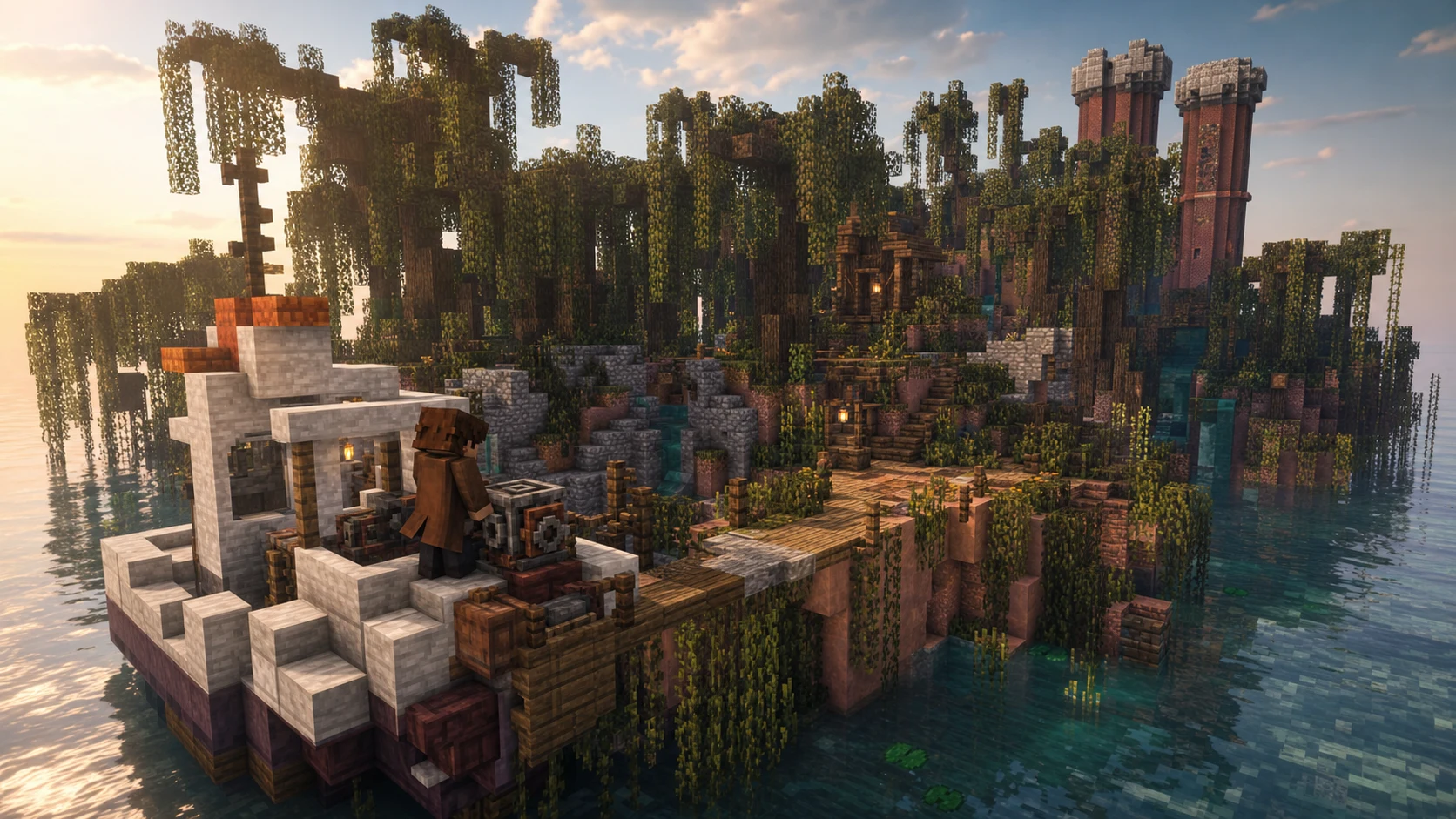 Minecraft-style fishing ship moored at the vine-covered Backwater Bayou beneath its red chimney towers