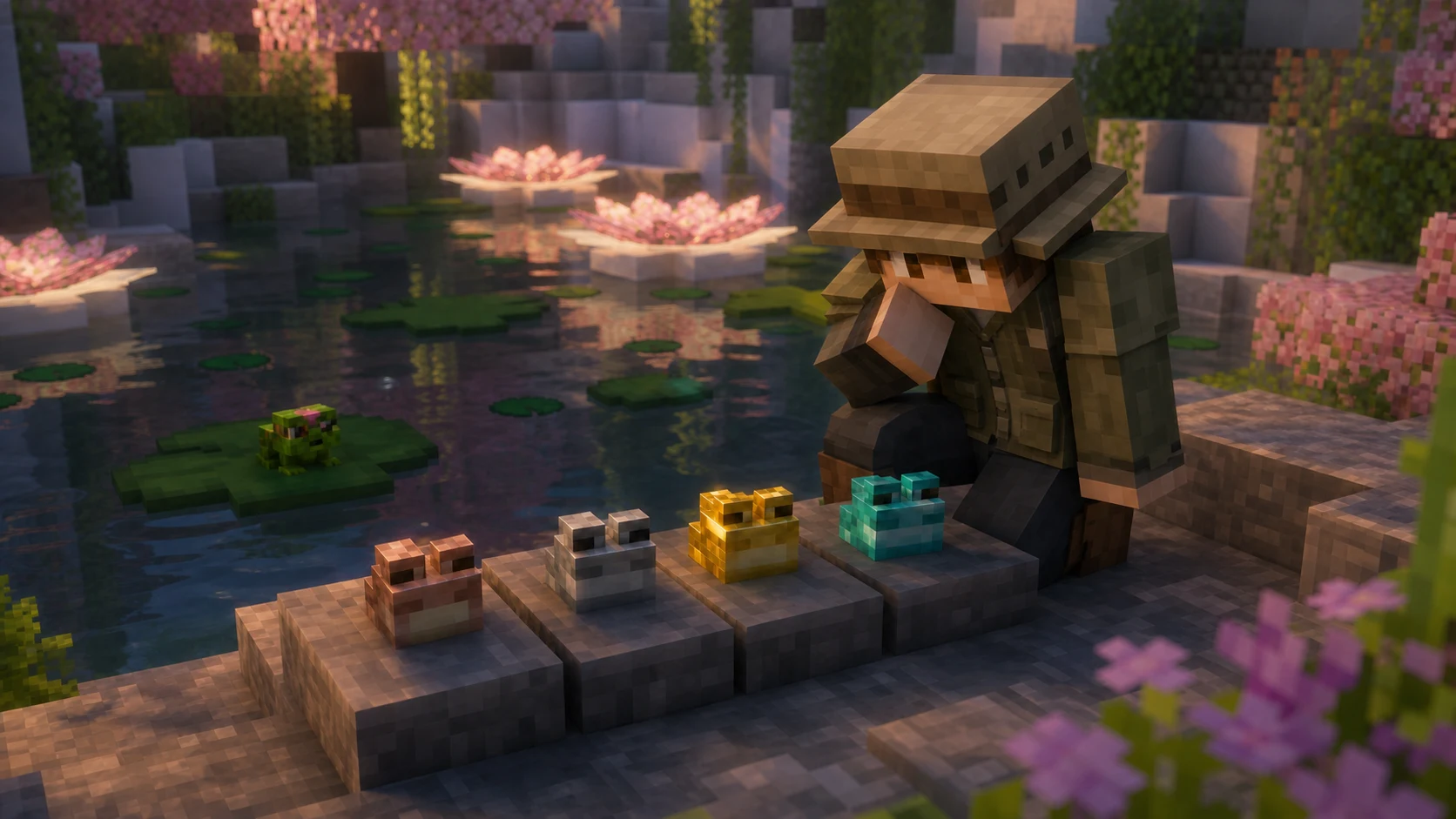 Minecraft-style Lotus Atoll researcher comparing four Trophy Frog medallions beside a lily-pad pond